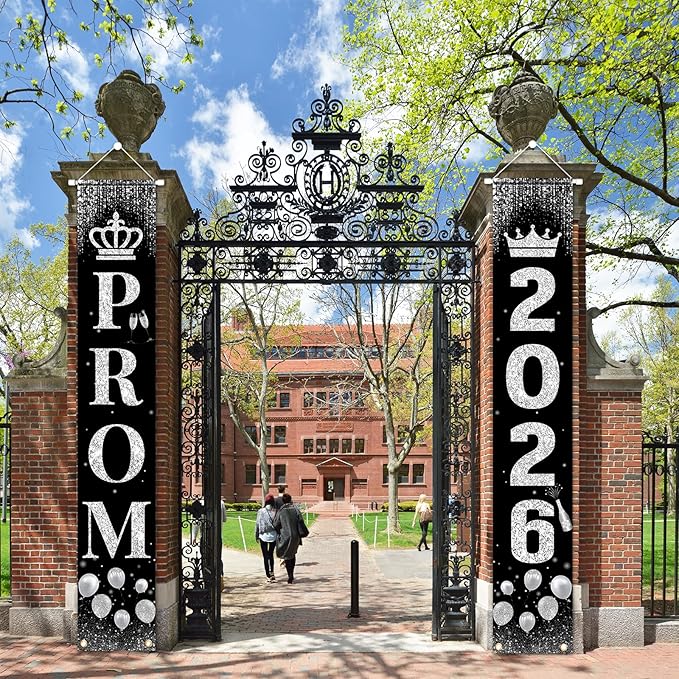 Prom Send Off Decorations 2026 Porch Sign, Black and Silver Prom Banner for Door 2026 Prom Decorations Door Banner Prom Party Decorations for High School College Graduation Prom Party Supplies