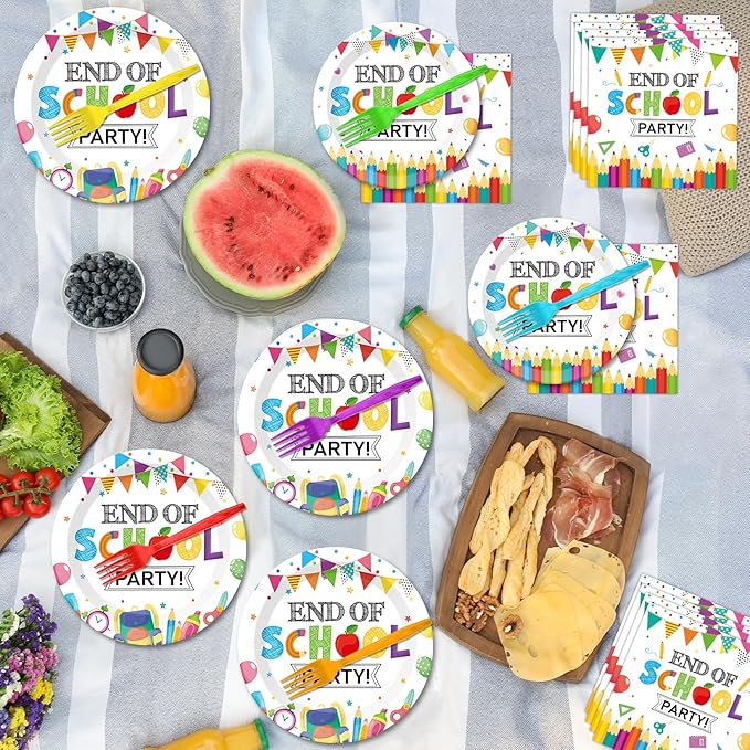 CHUNNIN 96Pcs End of School Party Paper Plates and Napkins Graduation Decorations End of School Graduate Disposable Dinnerware Tableware Set for 24 Guests Classroom Teacher Graduation Party Supplies