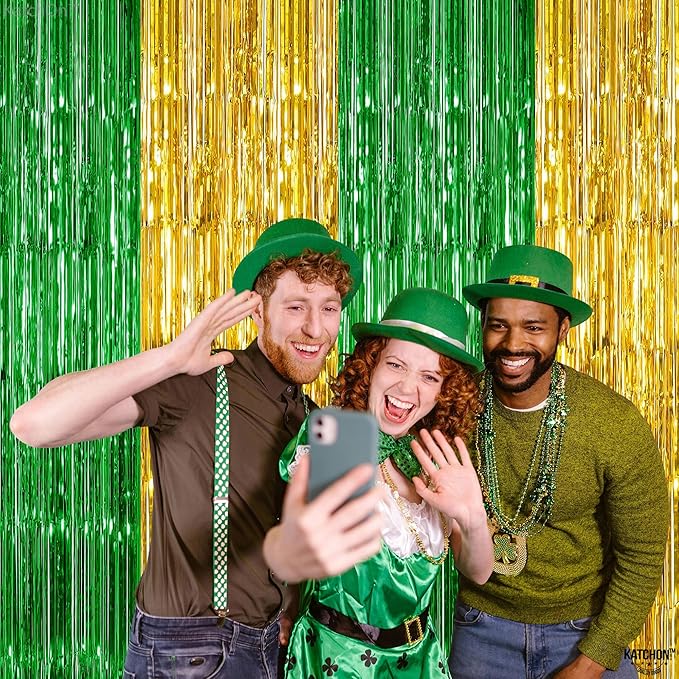 KatchOn, Green and Gold Foil Fringe Curtains - 6.5x6.5 Feet | St Patricks Day Backdrop for St Patricks Day Decorations | St Patrick's Backdrop, St. Patrick's Day Decorations