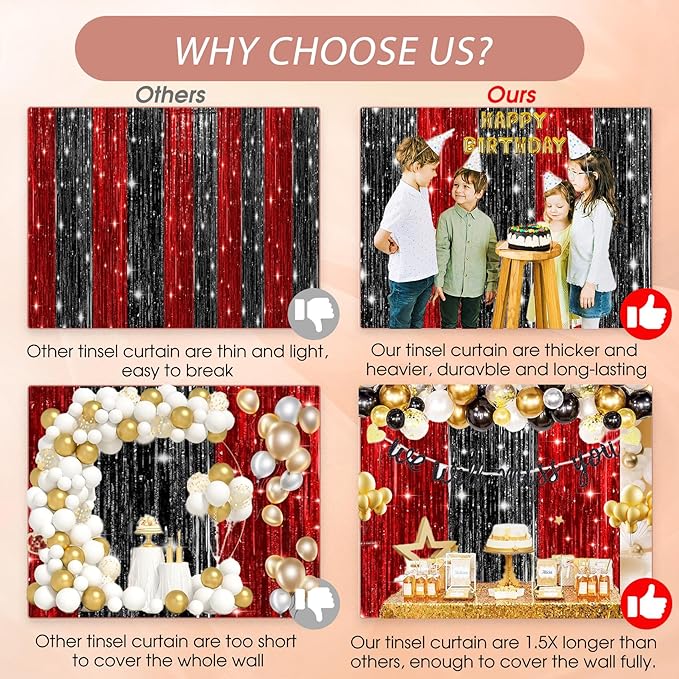 3 Pack Black and Red Backdrop Party Decorations Tinsel Curtain Party Backdrop Foil Fringe Birthday Decorations Photo Booth Streamer for Bachelorette Graduation Party Decorations