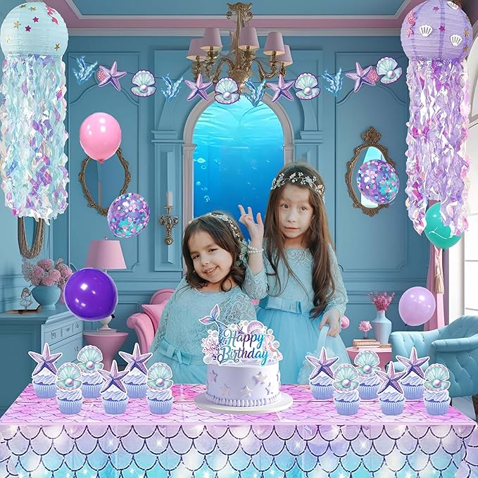 Mermaid Birthday Decorations For Women,Colorful Jellyfish Lanterns,Happy Birthday Backdrop,Banner Balloons,Table Cloth,Paper pom poms Party Supplies for Girls