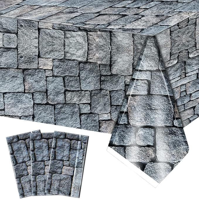 Cobblestone Tablecloth Stone Printed Table Cover Medieval Table Decoration Plastic Tablecloth Stone Brick Tablecovers for Medieval Castle Knight Themed Party, 4.3 x 7.2 Feet(Medieval Style, 5 Pcs)