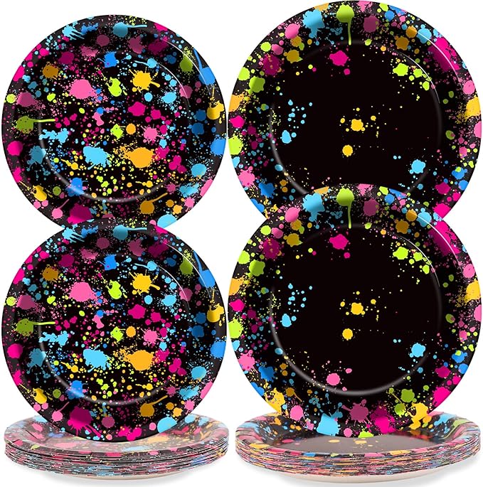 gisgfim 48 Pcs Neon Plates Party Supplies Glow Birthday Party Decorations Glow in Dark Paper Dessert Plates Disposable Neon Theme Birthday Graffiti Party Supplies Decoration Favors
