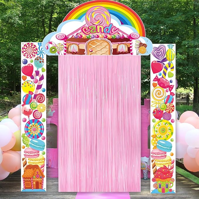 Crenics Candyland Party Decorations, 3Pcs Candyland Door Covers with Foil Fringe Curtain for Kids Candy Land Party Supplies
