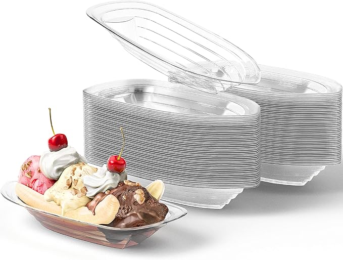 Super Fun Recyclable 8oz Banana Split Boats 100 Pack. Durable, Disposable Ice Cream Sundae Bowls. Perfect Plastic Cups for Social Event or Kids Birthday Party. Great Clear Dessert Tray for Carnivals.