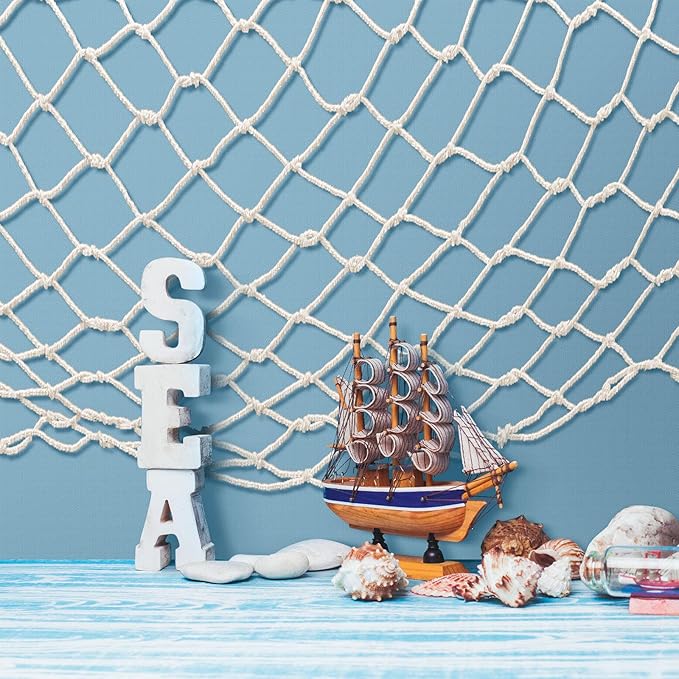 Unittype 6 Pcs Fish Net Decorative and Tablecloth Set, Cotton Fishnet and Plastic Table Cover Decorations Set for Nautical Themed Party Baby Shower Pirate Decorations Mermaid Party (Classic Color)