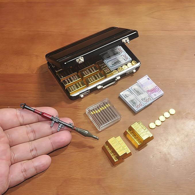 1:6 Scale Miniature Black Briefcase Set with Fake Gold Bars, Mini Dollar Bill Bundles, Vintage Coins & Toy Weapons | Collectible Dollhouse Accessory, Photography Prop & Novelty Gift for Adults
