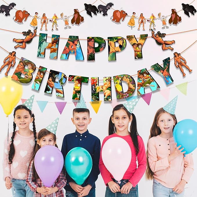 "Tarzn Theme Birthday Party Supplies – Jungle Safari Adventure Decorations – Includes Happy Birthday Banner, Cake Topper, Cupcake Toppers, Garland, and Jungle Party Table Décor for Celebrations"