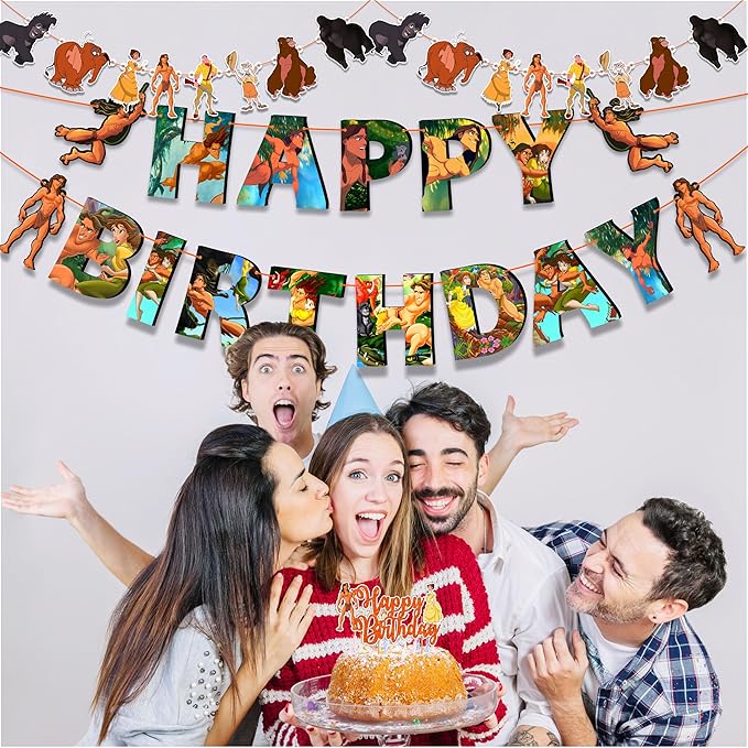 "Tarzn Theme Birthday Party Supplies – Jungle Safari Adventure Decorations – Includes Happy Birthday Banner, Cake Topper, Cupcake Toppers, Garland, and Jungle Party Table Décor for Celebrations"