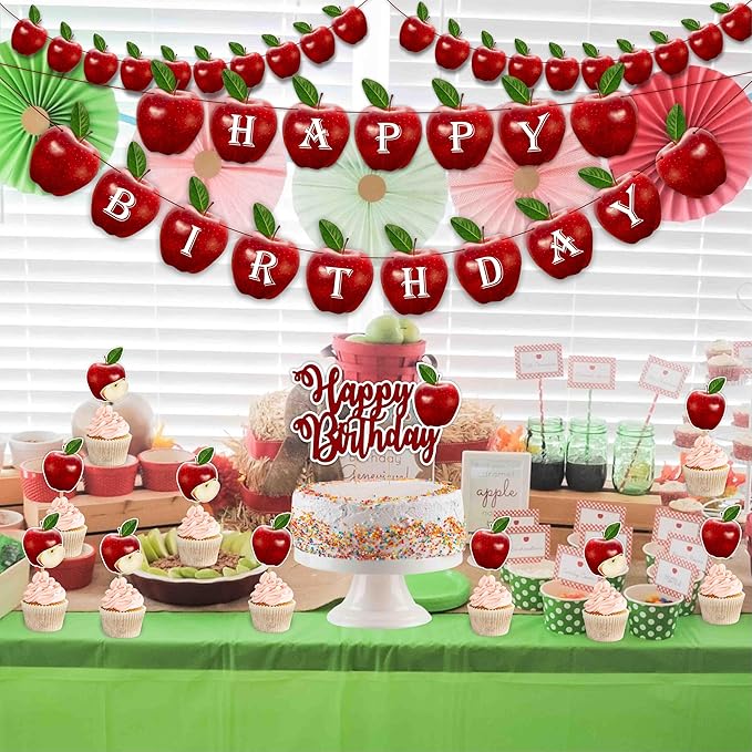 "Apple Theme Birthday Party Supplies – Red Apple Birthday Decorations for Adults – Includes Happy Birthday Banner, Cake Topper, Cupcake Toppers, Garland, and Party Table Décor"