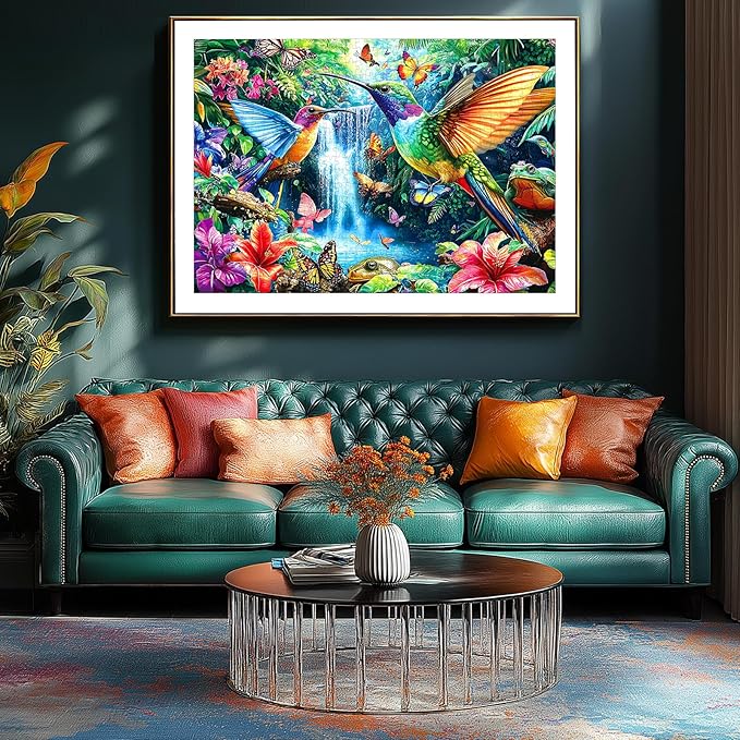 Tropical Birds Flowers 500 Piece Jigsaw Puzzle for Adults Hummingbird Waterfall Scene with Butterflies & Flowers Nature Puzzle Fun Adult Family Relaxing Activity Seniors - 23x15 Inch