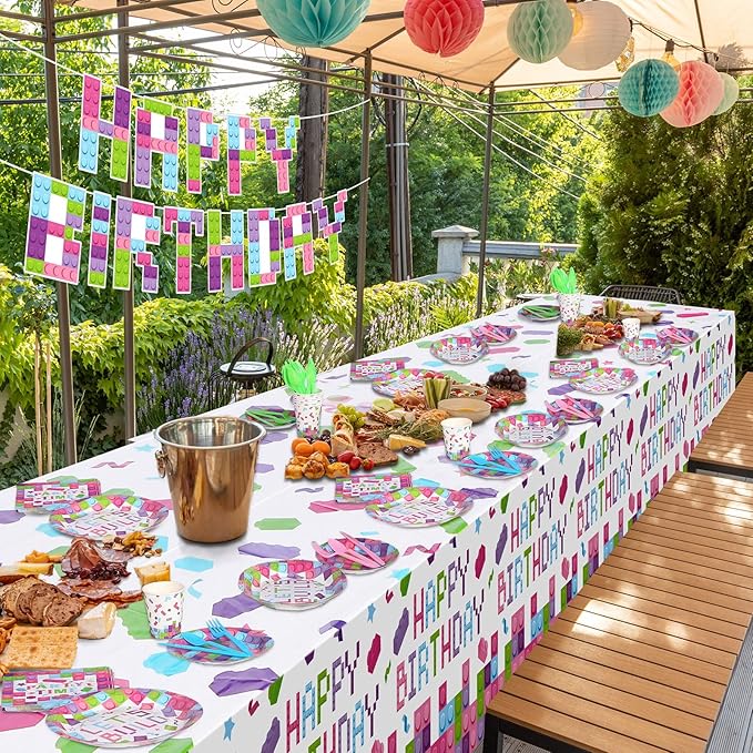 Gejoy 171 Pcs Building Block Birthday Party Supplies Tableware Kit Include Plates Cups Knives Forks Spoons Napkins Tablecloths Banner for Girls Birthday Party Decoration Serve 24 Guest (Sweet Color)