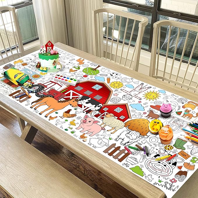 Farm Coloring Tablecloth for Kids, Giant 30x72 Inch Poster with Barns, Tractors, Animals, Perfect for Farm Party Games, Country Decorations, Classroom Activities, Event Supplies