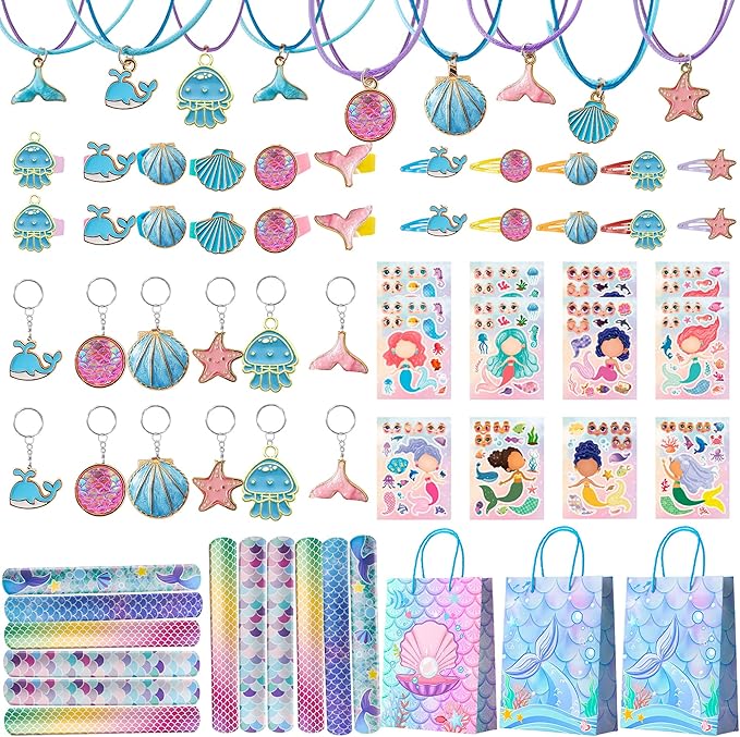 84pcs Mermaid Birthday Party Favor Bag Fillers with Fish Birthday Rings Keychain Bracelets Bags Hair Clips Necklace etc for Mermaid Birthday Decorations Supplies