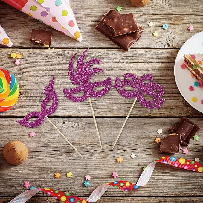 Gyufise 24Pcs Masquerade Masks Cupcake Toppers Purple Glitter Bachelorette Mask Cupcake Topper Mask Cake Picks Decorations for Masquerade Mardi Gras Party Baby Shower Birthday Party Supplies