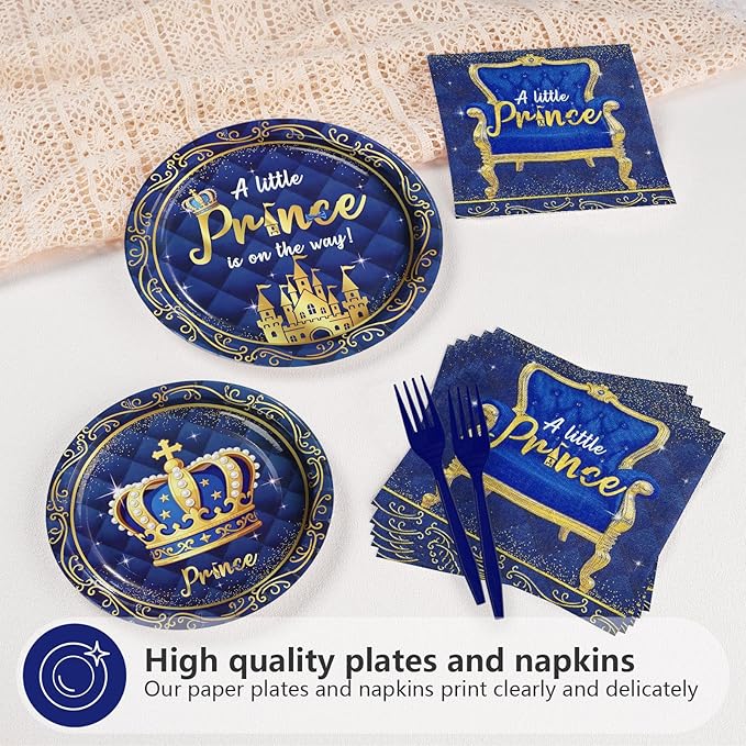 96Pcs Royal Prince Baby Shower Decorations A Little Prince is On His Way Plates and Napkins Blue Gold Little Prince Tableware Set for Kid Boy Baby Shower Birthday Party Supplies Serves 24