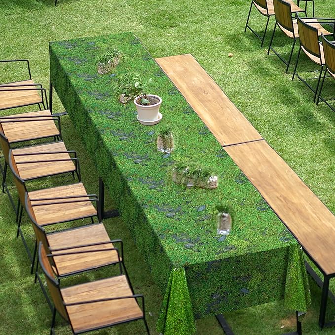 Kochorie 100 Ft x 54 Inch Green Moss Tablecloth Roll with Slide Cutter Box Disposable Green Grass Plastic Tablecovers Cut to Size Tablecloth Jumbo Jungle Backdrop for Birthday Picnic Baby Shower