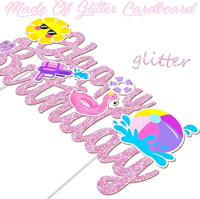 Pool Party Birthday Cake Topper Summer Pool Birthday Party Decorations Pink Glitter Summer Beach Happy Birthday Cake Topper Decorations for Boys Girls Summer Holiday Birthday Party Favor Supplies