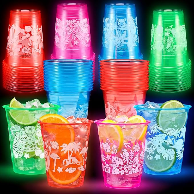 Remerry 100 Pack 12 oz Neon Hawaiian Luau Glowing Cups Disposable Glowing in The Dark Cups Luau Party Decorations for Hawaiian Beach Theme Birthday Summer Supplies