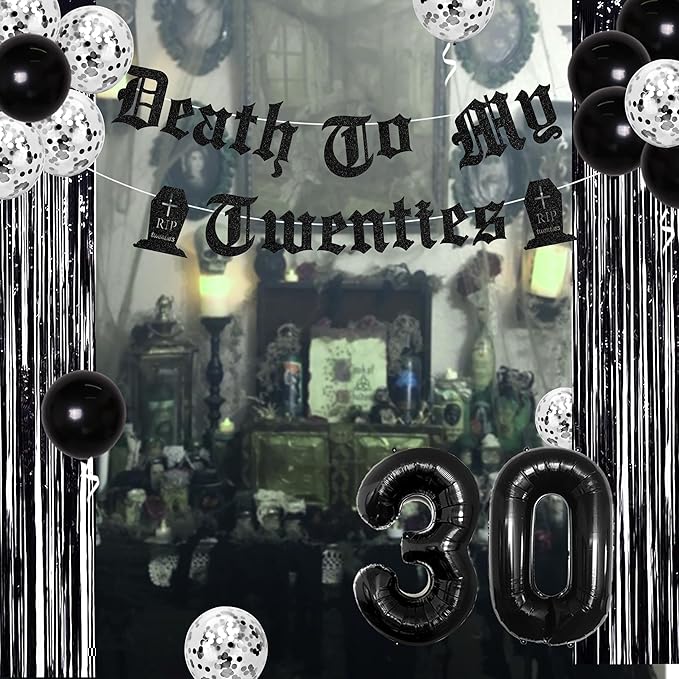 Funmemoir 30th Birthday Decorations for Him Her Black Death to My Twenties Banner Rip to My 20s Sash Number 30 Happy Birthday Balloon Banner Foil Curtain for Funny Thirtieth Party Supplies