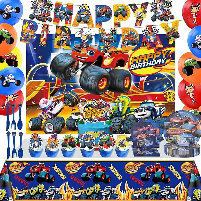 121 Pcs Monster Truck Birthday Party Supplies,Included Banner,Backdrop,Tablecloth,Plates,Balloon,Racing Car Tableware Set for Boy Truck Party Decorations