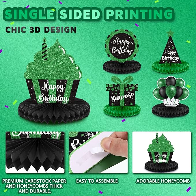 Yexiya 8 Pcs Black and Green Birthday Centerpiece Table Decoration, Happy Birthday Honeycomb Centerpieces Honeycomb Table Toppers for Men Women Party Supplies