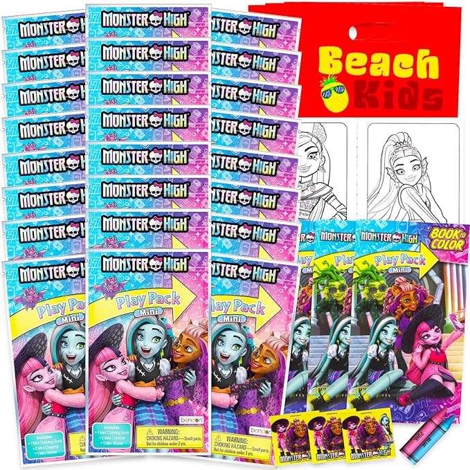 Monster High Mini Party Favors Set for Kids, Girls - Bundle with 24 Monster-Girl Play Packs with Coloring Pages, Stickers, More