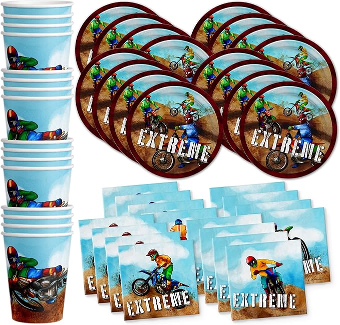 Dirt Bike Birthday Party Supplies - Boy's Motorcross Birthday - Motorcycle Part Set Includes Plates Napkins Cups Tableware Kit for 16
