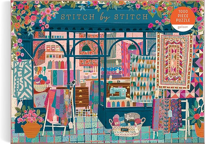 Galison Stitch by Stitch – 1000 Piece Puzzle Fun and Challenging Activity with Bright and Bold Quilting and Crafting Themed Storefront Artwork for Adults and Families