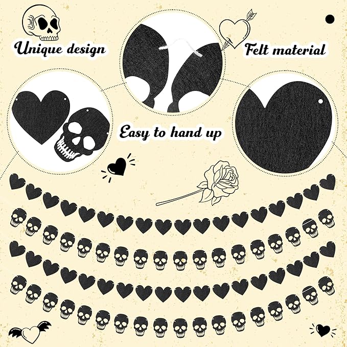 K1tpde 4PCS Gothic Black Heart Skull Garland Banner Kits, Black Felt Heart Banner for Valentines, Skull Garland Backdrop for Gothic Birthday Party Decorations, Halloween Home Decor Party Supplies