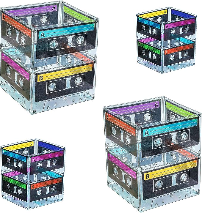 4E's Novelty Cassette Tape Bucket Centerpiece (8 Pack) 80s Party Supplies, 90's 80s Theme Birthday Party Decoration Cassette Tape Table Decor, Retro Hip Hop Pop Music Party for Adults & Kids