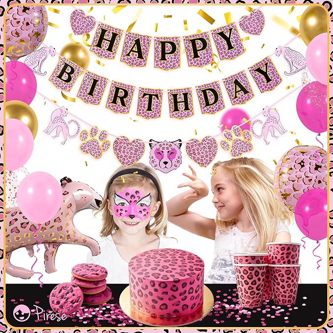 Pirese Pink Cheetah Happy Birthday Banner, Pink Cheetah Birthday Decorations, Leopard Party Decorations, Animal Birthday Party Decorations | Safari Party | Leopard Party Supplies | Animal Print