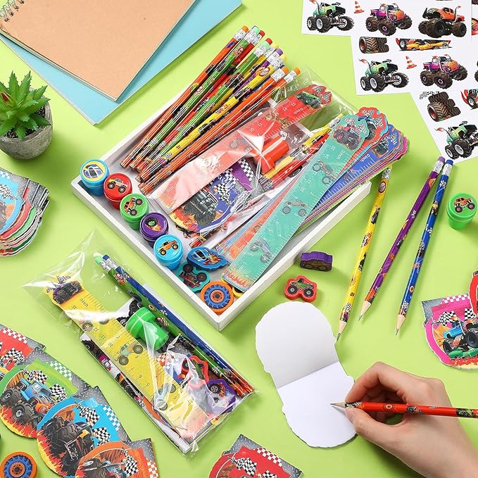Cholemy 144 Pcs Monster Truck Party Favors Truck Party Supplies School Stationery Set Notebook Sticker Stamper Eraser Ruler Pencil Bag for Birthday Baby Shower Gifts Classroom Prize(Colorful,Monster)