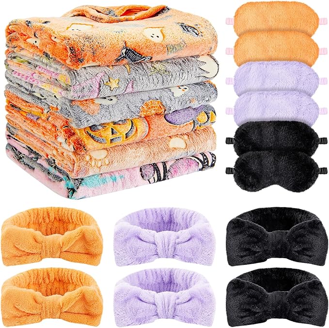 18 Pcs Sleepover Party Supplies, 6 Glow in The Dark Unicorn Blanket 6 Coral Fleece Headband 6 Plush Eye Mask Covers for Sleeping Slumber Sleepover Spa Party Gift (Ghost)