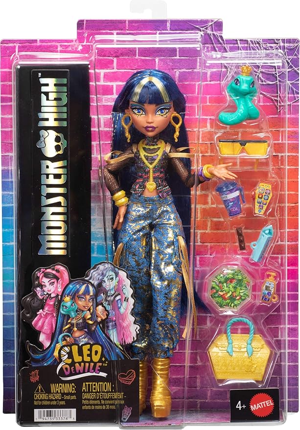 Monster High Doll, Cleo De Nile in Crop Top and Golden Denim Cargo Pants with Pet Snake Hissette and 7 Accessories Like Salad, Smoothie and Purse