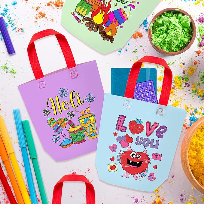 Holi Coloring Goodie Bags for Kid - 24Pcs Happy Holi Color Your Own Gift Bags with Handle Reusable Non Woven Coloring Tote Packet for Classroom DIY Painting Indian Festival Holiday Spring Party Favor