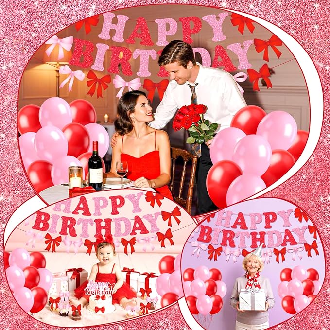 Red Pink Bow Birthday Party Decorations Bow Happy Birthday Banner Pink Red Balloons Cake and Cupcake Toppers for Girls Women Coquette Bday Wedding Bridal Valentine's Day Baby Shower Party Supplies