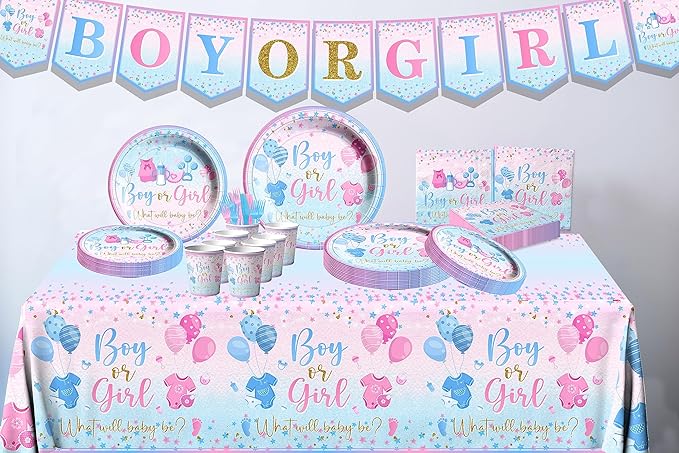Gender Reveal Tableware 142Pcs-Gender Reveal Decorations Blue and Pink Star Baby Gender Reveal Boy or Girl Party Banner,Tablecloth,Plates,Napkins Cups Forks and Knives Supplies of Reveal Party