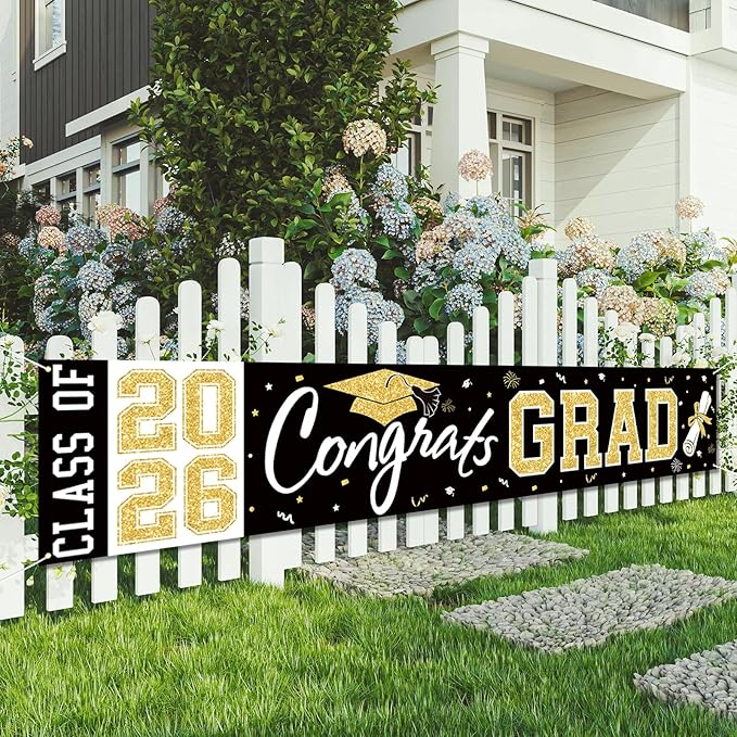 Graduation Banner Class of 2026 - Large Congrats Grad Yard Sign 2026 Black Gold Congrats Grad Banner Fence Yard Sign for Graduation Decorations Party Supplies