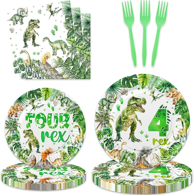 80 Pcs Watercolor Dinosaur 4th Birthday Party Supplies Roar I'm Four Birthday Tableware Includes Plates, Forks, Napkins for Boys 4 Rex Dinosaur Four Year Old Birthday Party Decorations Favors