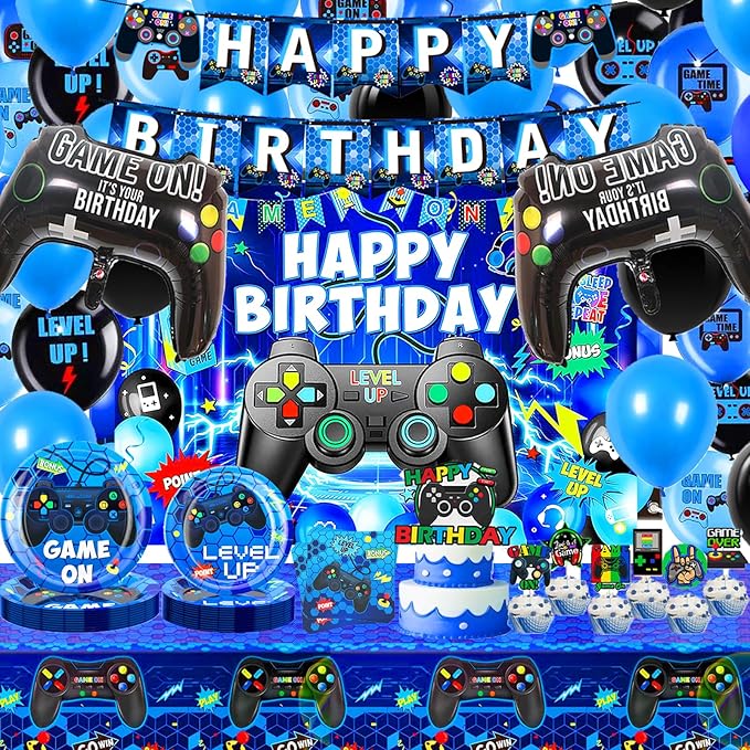 Video Game Birthday Decorations,Game Party Decorations,Backdrop,Plates,Napkins,Latex and Foil Balloons Tablecloth,Party Supplies for Boys Adults.
