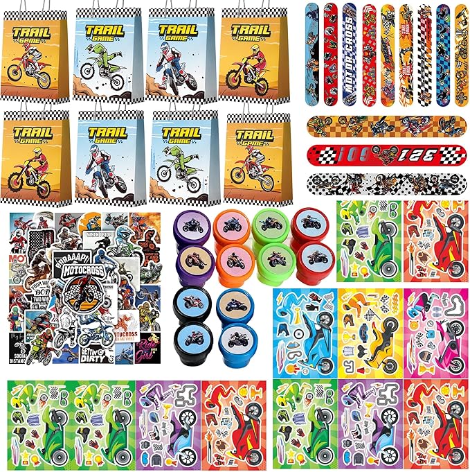 Motorcycle Birthday Party Favors Bags Fillers, 110pcs Dirtbike Party Goodie Bag Bracelets Stampers DIY Motorcycle Stickers etc Dirt Bike Birthday Party Decorations Supplies