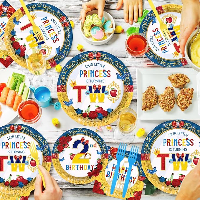 96 Pcs Snow Princess 2nd Birthday Party Supplies Cartoon Snow Plates and Napkins Red Blue Yellow Tableware Set for Girls 2nd Birthday Baby Shower Princess Theme Party Supplies, Serves 24