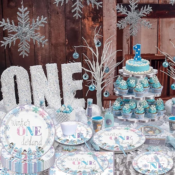 96PCS Winter Onederland Plates and Napkins Party Supplies Winter Onederland 1st Birthday Girl Boy Pink and Silver Snowflake Winter First Birthday Decorations Disposable Tableware Set Serve 24 Guests