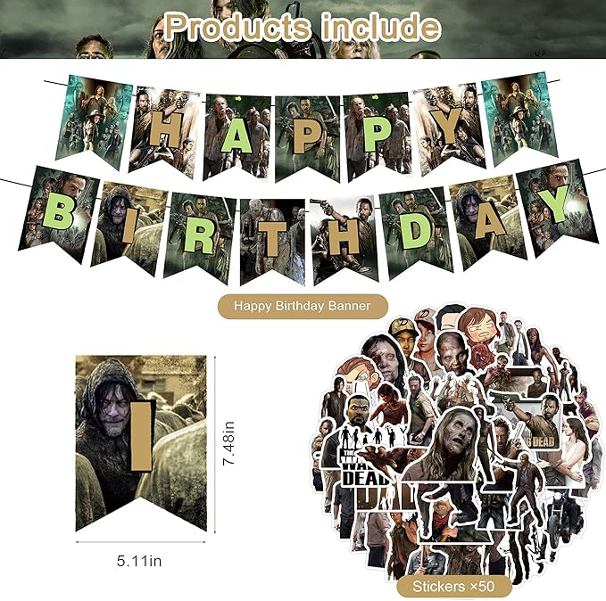 The Walking Dead Party Supplies - Birthday Decorations for TV Show Theme With Happy Birthday Banner, Cake Topper, Balloons, and Stickers