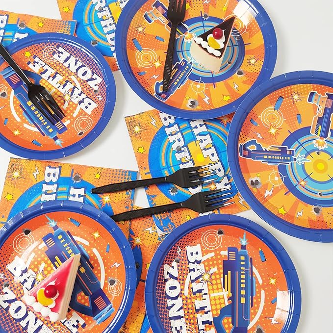 96 Pcs Dart War Plates and Napkins Party Supplies Dart War Themed Birthday Tableware Set Blue and Orange Party Decorations Favors for Kids Boys' Birthday Baby Shower Serves 24