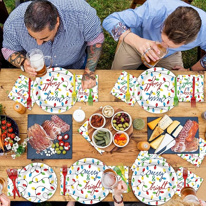 96PCS Merry Christmas Party Tableware Set Christmas Lights Party Supplies Merry and Bright Disposable Dinnerware Plates Napkins Forks with Holiday String Lights for Christmas Birthday Party Favors