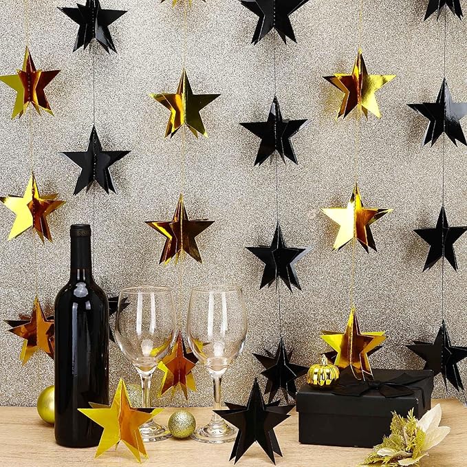 MARFOREVER 5 PCS 3D Black and Gold Star Garland, 41 Ft Star Metallic Paper Twinkle Hanging Sparkling Stars Banner Streamer for Birthday Wedding Baby Bridal Shower Holiday Graduation Party Supplies