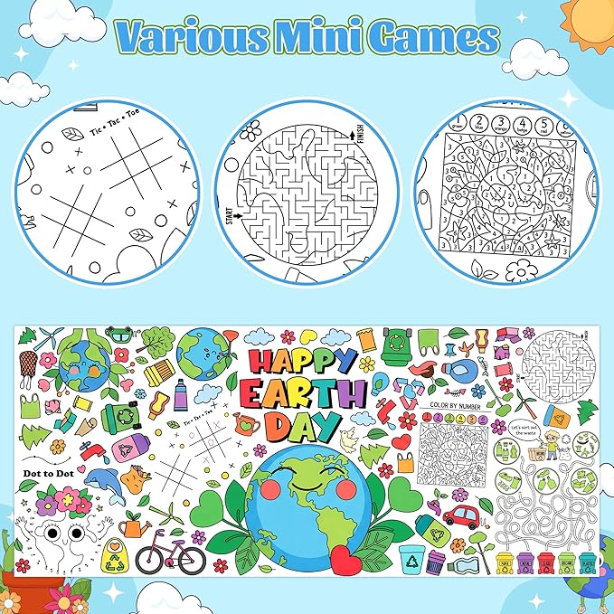 Dvbonike 2Pcs Jumbo Happy Earth Day Coloring Activity Poster - Planet Mini Fun Games DIY Drawing Color-in Paper 55.1 x 23.6 Inch Blank Doodle Art Banner, Home School Educational Event Party Supplies