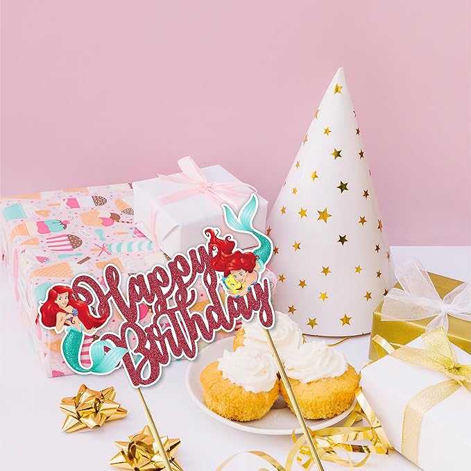 The Litle Mermaid Happy Birthday Cake Topper – Ocean Fantasy Inspired Cake Decoration with Sea Adventure, Courage, Elegant Marine Style Birthday Cake Topper for Party Celebration Décor
